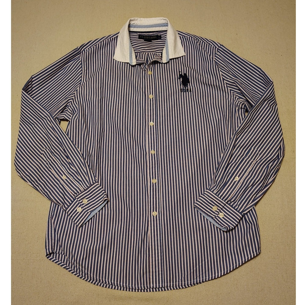 US Polo Assn Mens Large Blue White Striped Button Down Shirt Long Sleeve USPA 23